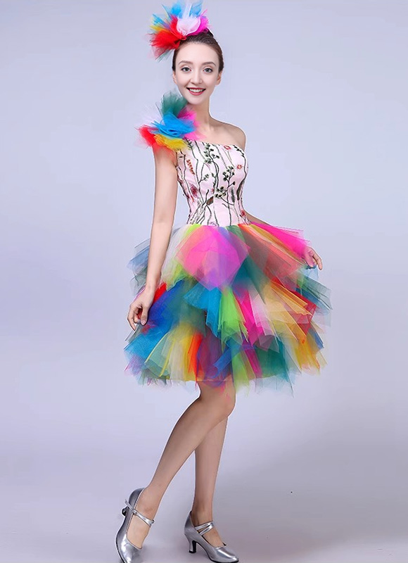 Girls Stage Party Colorful Tutu Dress Off Shoulder Samba  Short Dresses 2